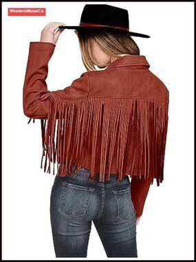 Faux Suede Fringe Cropped Jacket Notched Collar Open Front